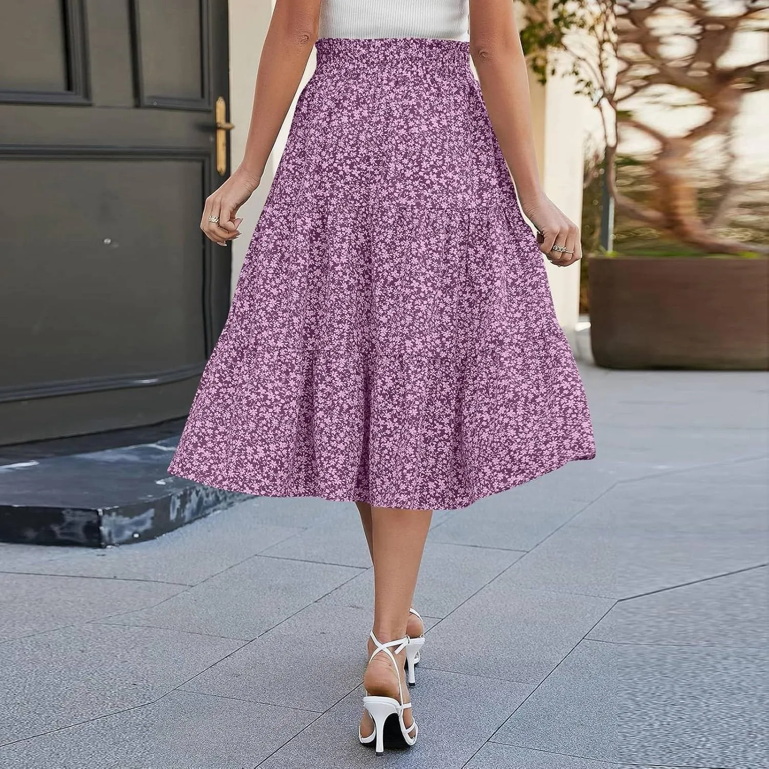 Summer Skirts for Women 2025 Boho Casual Pleated High Waisted Floral Midi Skirt Elastic Tie Knot Flowy A line Skirts