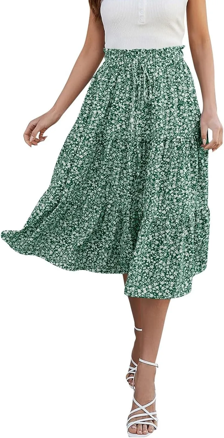 Summer Skirts for Women 2025 Boho Casual Pleated High Waisted Floral Midi Skirt Elastic Tie Knot Flowy A line Skirts