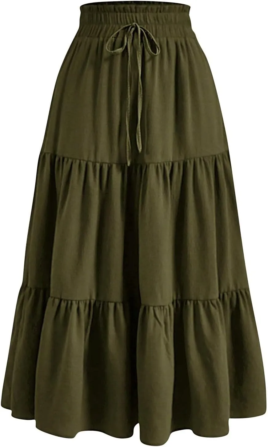 Summer Skirts for Women 2025 Boho Casual Pleated High Waisted Floral Midi Skirt Elastic Tie Knot Flowy A line Skirts
