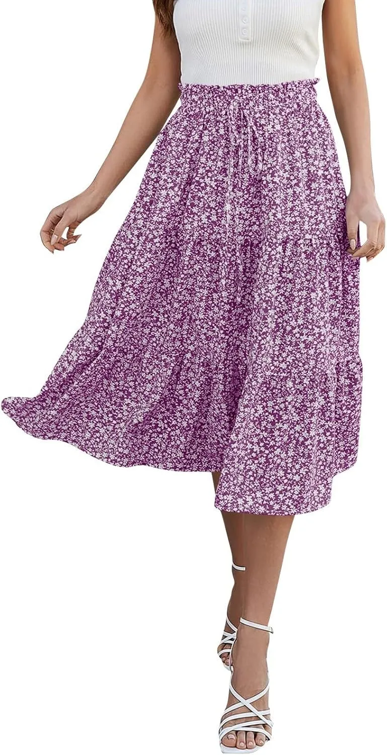 Summer Skirts for Women 2025 Boho Casual Pleated High Waisted Floral Midi Skirt Elastic Tie Knot Flowy A line Skirts