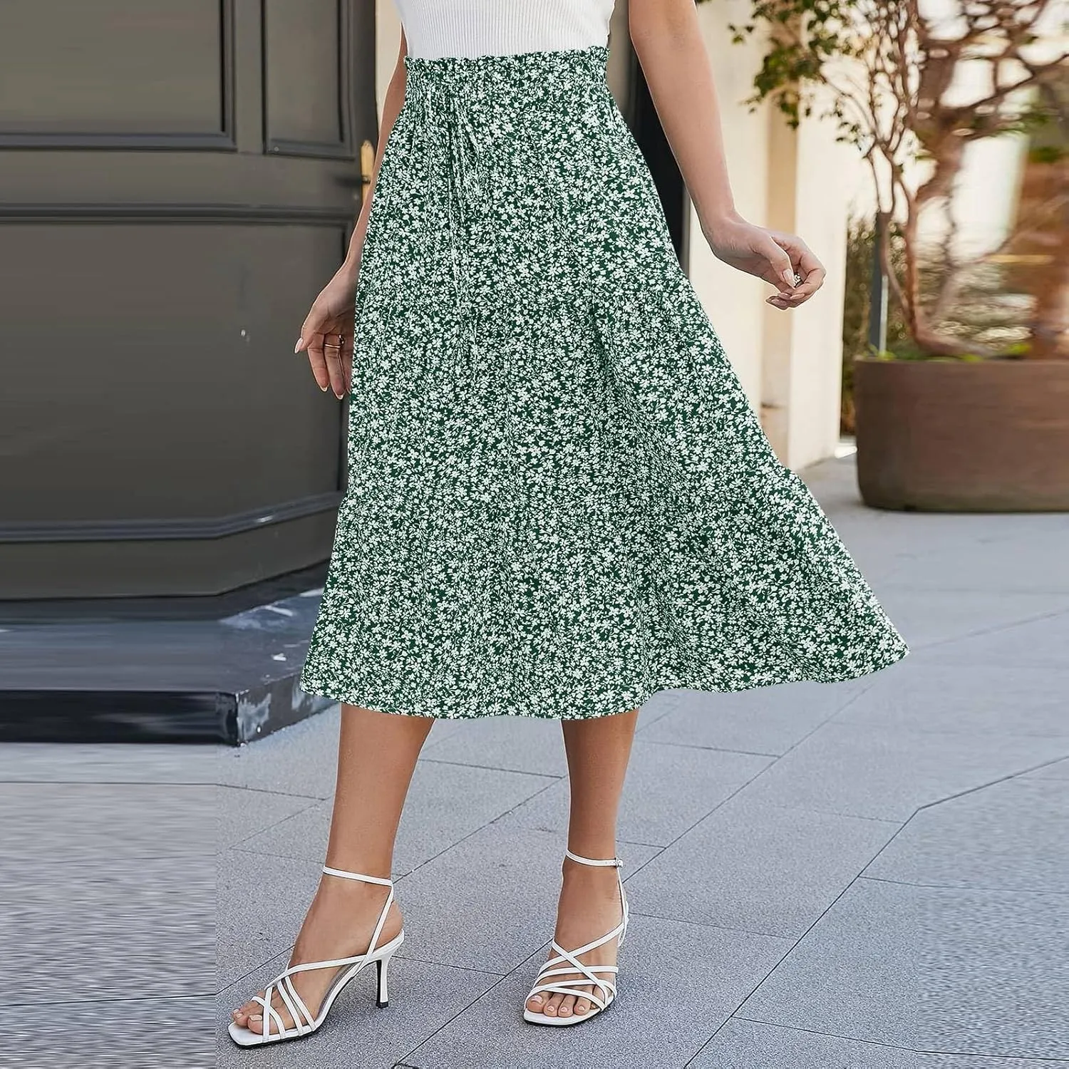 Summer Skirts for Women 2025 Boho Casual Pleated High Waisted Floral Midi Skirt Elastic Tie Knot Flowy A line Skirts