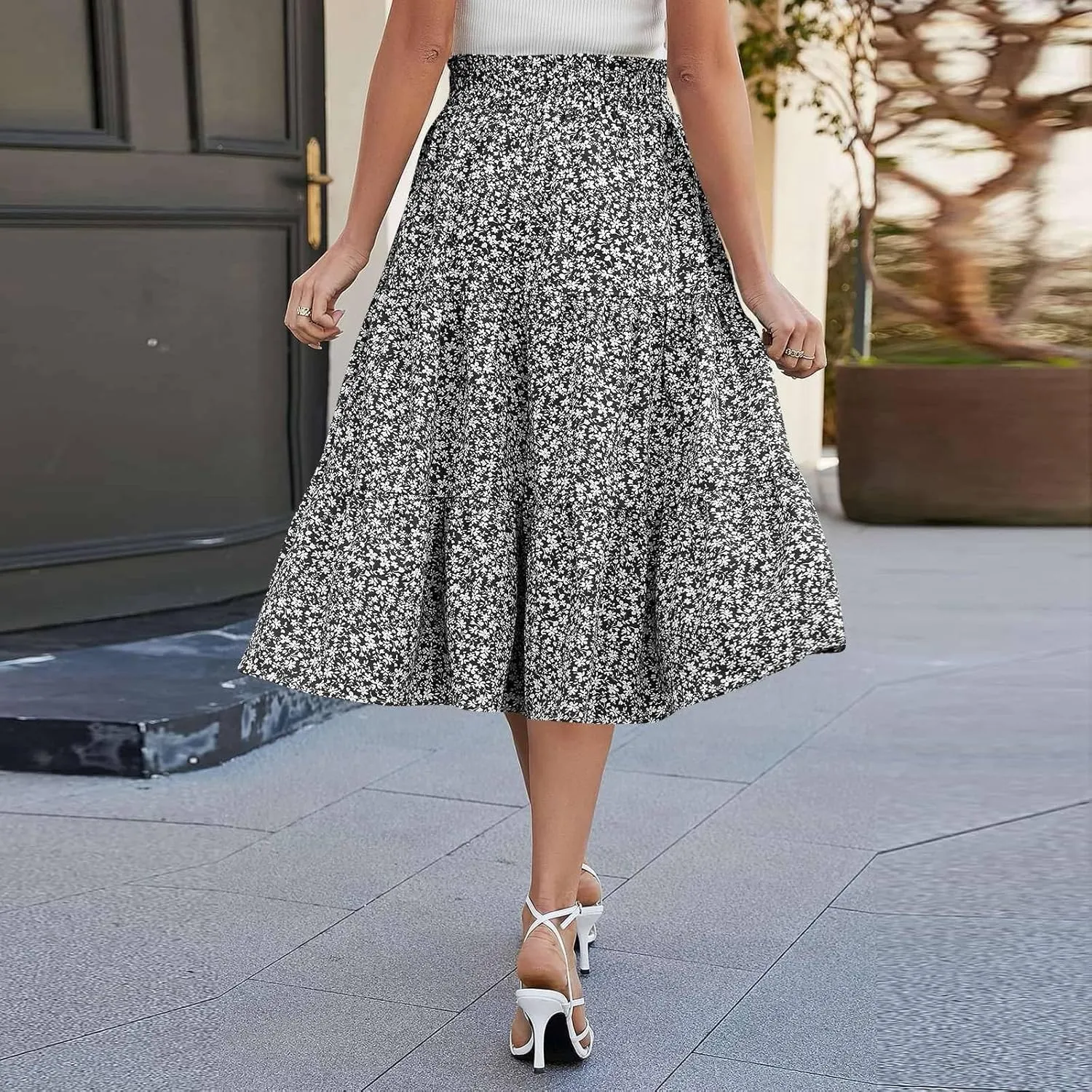 Summer Skirts for Women 2025 Boho Casual Pleated High Waisted Floral Midi Skirt Elastic Tie Knot Flowy A line Skirts
