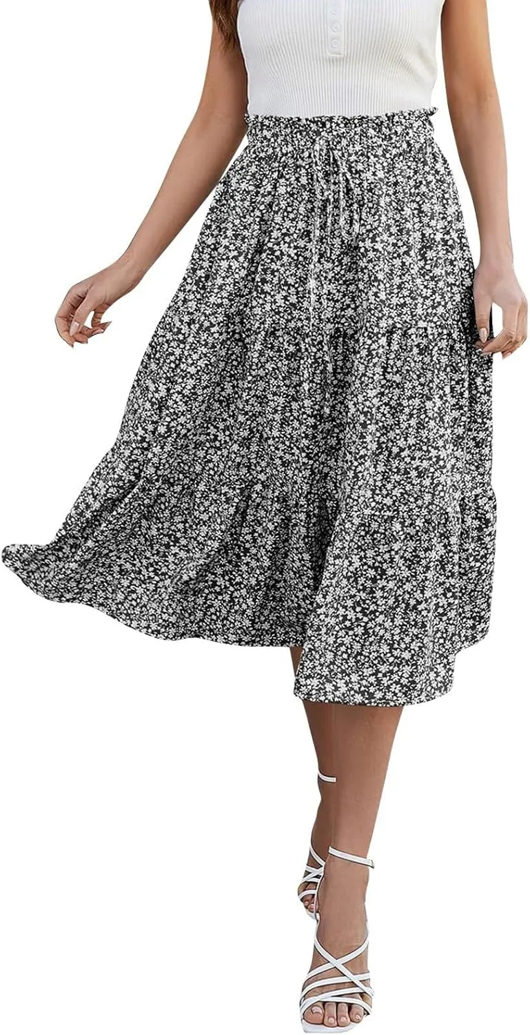 Summer Skirts for Women 2025 Boho Casual Pleated High Waisted Floral Midi Skirt Elastic Tie Knot Flowy A line Skirts