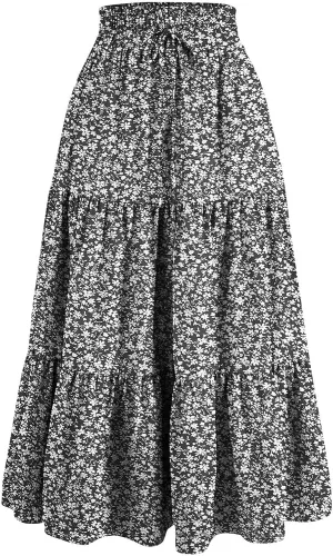 Summer Skirts for Women 2025 Boho Casual Pleated High Waisted Floral Midi Skirt Elastic Tie Knot Flowy A line Skirts