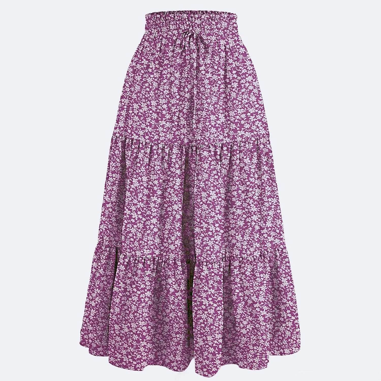 Summer Skirts for Women 2025 Boho Casual Pleated High Waisted Floral Midi Skirt Elastic Tie Knot Flowy A line Skirts