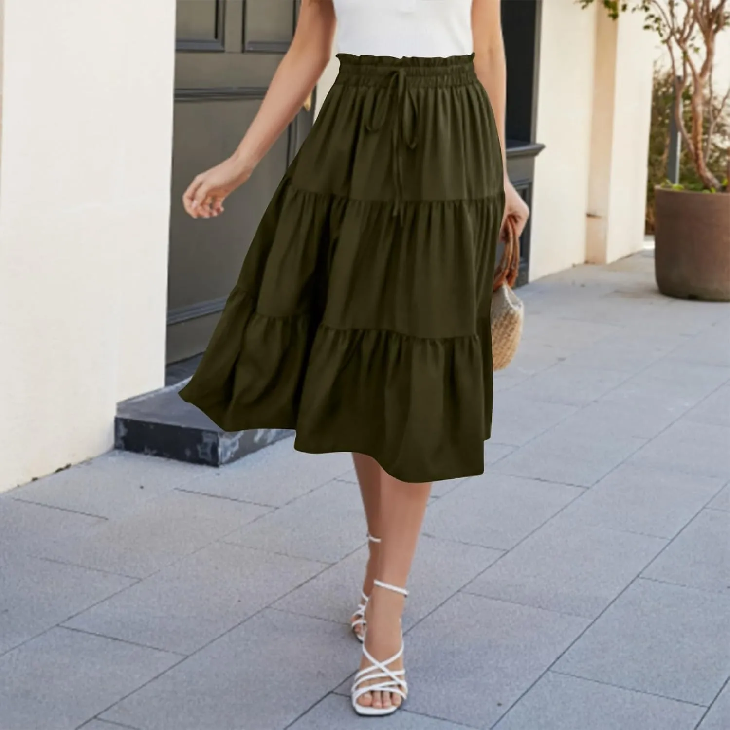 Summer Skirts for Women 2025 Boho Casual Pleated High Waisted Floral Midi Skirt Elastic Tie Knot Flowy A line Skirts