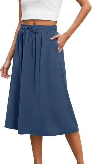 Summer Skirts for Women Midi Length Drawstring Elastic Waisted Flowy Ruffle A-Line Skirt with Pockets