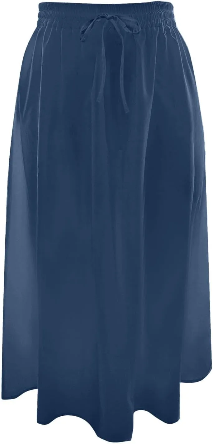 Summer Skirts for Women Midi Length Drawstring Elastic Waisted Flowy Ruffle A-Line Skirt with Pockets