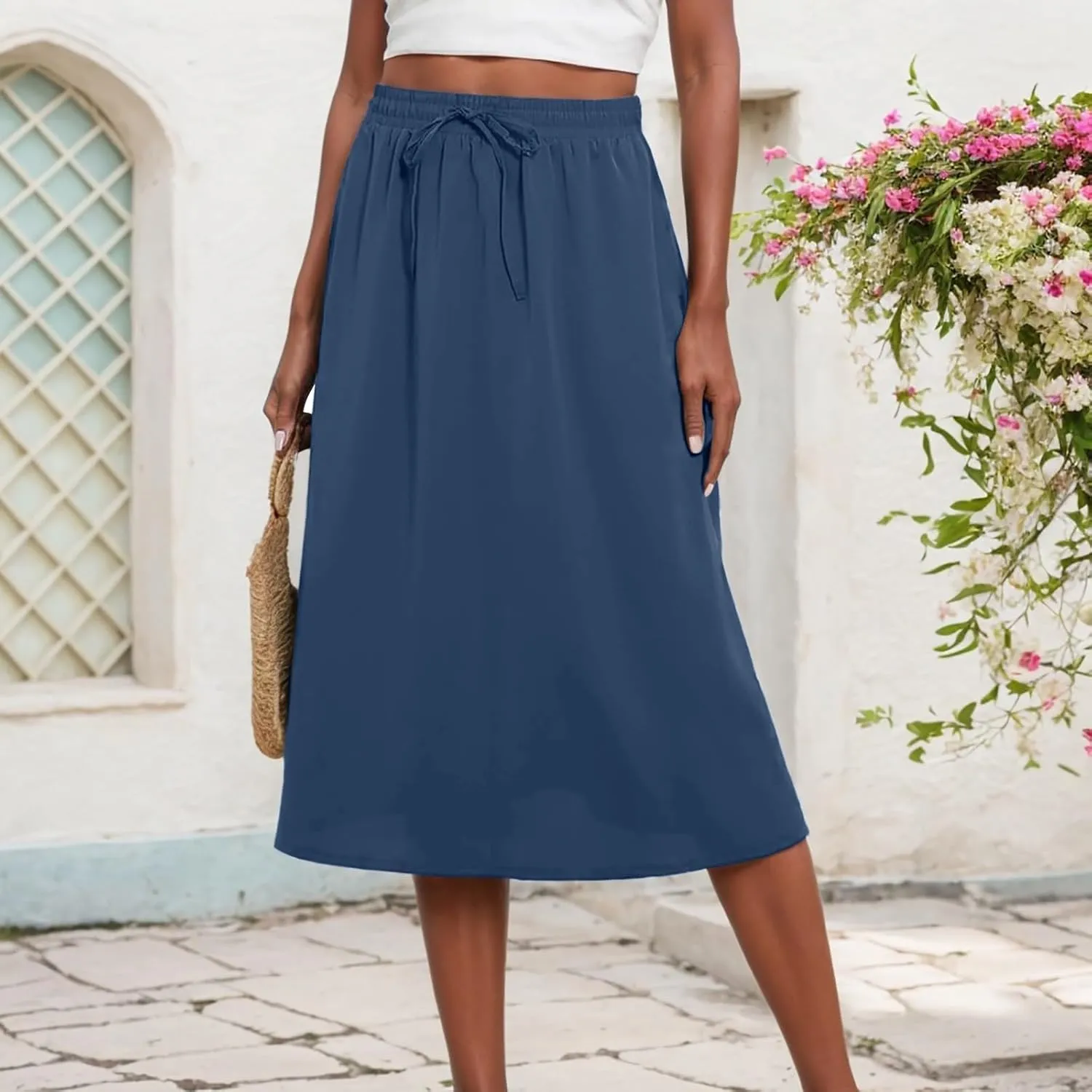 Summer Skirts for Women Midi Length Drawstring Elastic Waisted Flowy Ruffle A-Line Skirt with Pockets