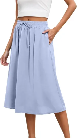 Summer Skirts for Women Midi Length Drawstring Elastic Waisted Flowy Ruffle A-Line Skirt with Pockets