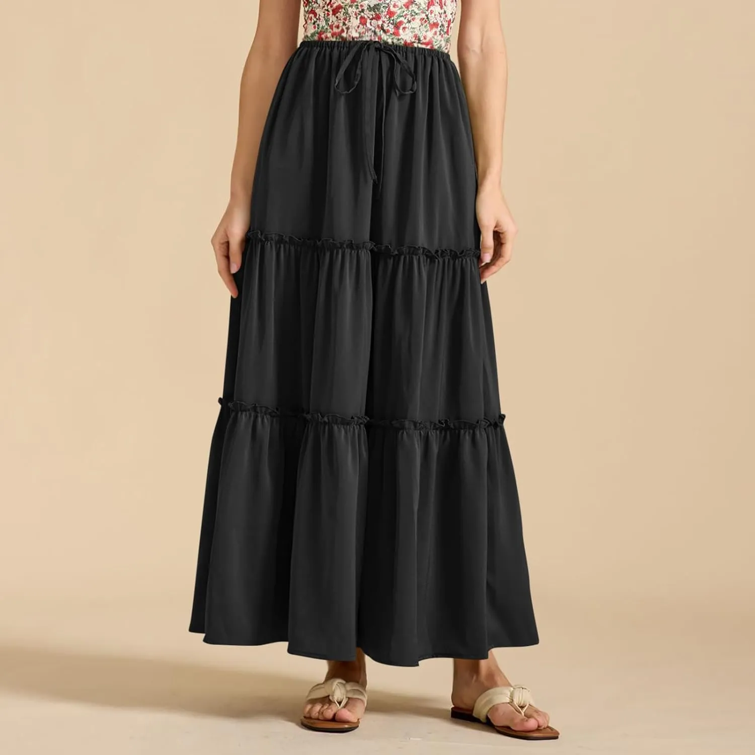 Summer Skirts for Women Tiered Pleated A-Line Elastic Waist Drawstring Flowy Beach Maxi Skirt Vacation Trendy Outfit