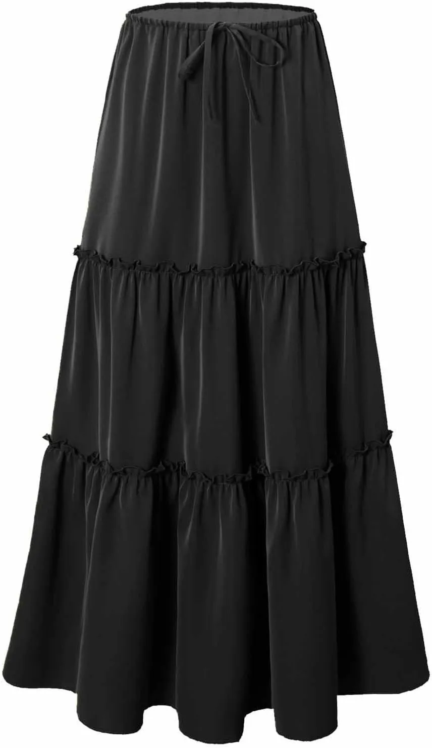 Summer Skirts for Women Tiered Pleated A-Line Elastic Waist Drawstring Flowy Beach Maxi Skirt Vacation Trendy Outfit