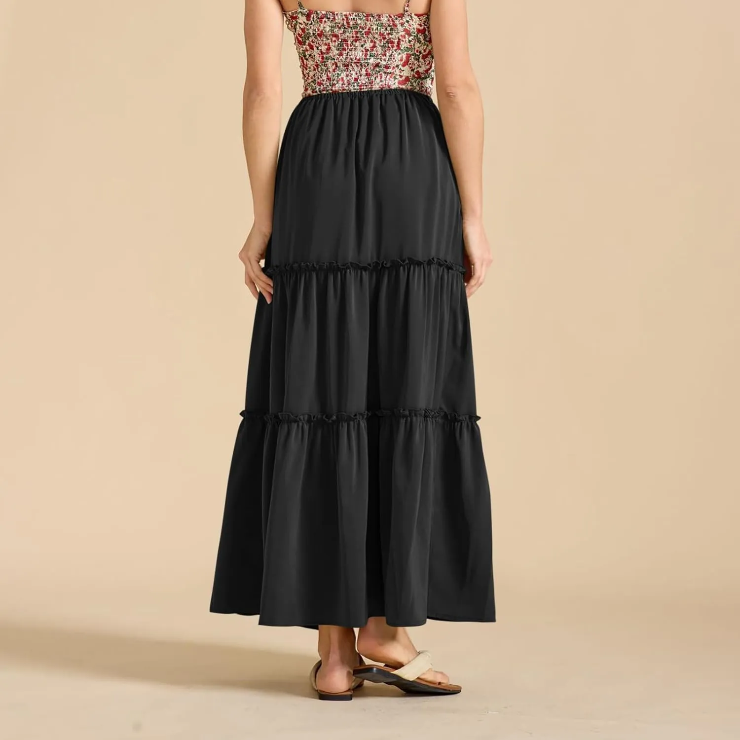 Summer Skirts for Women Tiered Pleated A-Line Elastic Waist Drawstring Flowy Beach Maxi Skirt Vacation Trendy Outfit