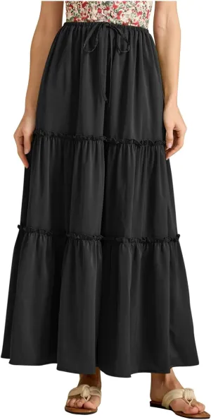 Summer Skirts for Women Tiered Pleated A-Line Elastic Waist Drawstring Flowy Beach Maxi Skirt Vacation Trendy Outfit