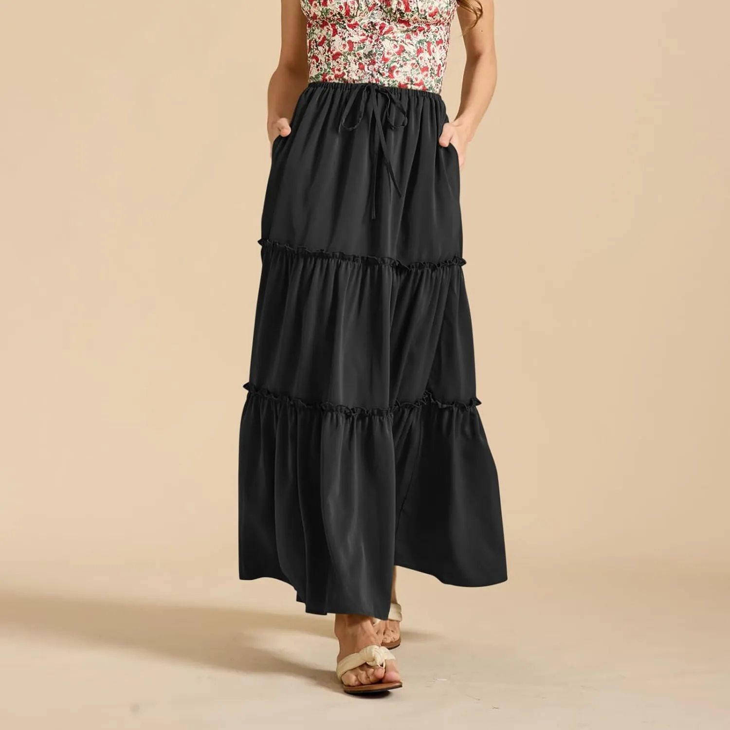 Summer Skirts for Women Tiered Pleated A-Line Elastic Waist Drawstring Flowy Beach Maxi Skirt Vacation Trendy Outfit