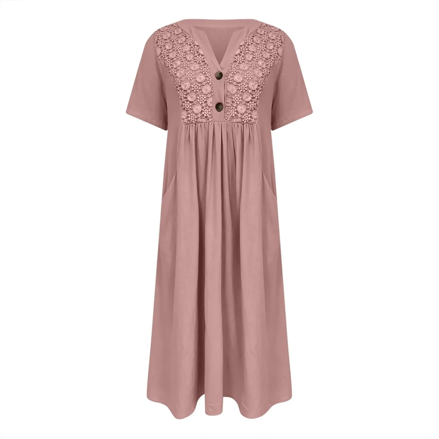 Summer T Shirt Dresses for Women 2024 Trendy V Neck Lace Embroidery Cotton Linen Short Sleeve Flowy Midi Dresses with Pockets