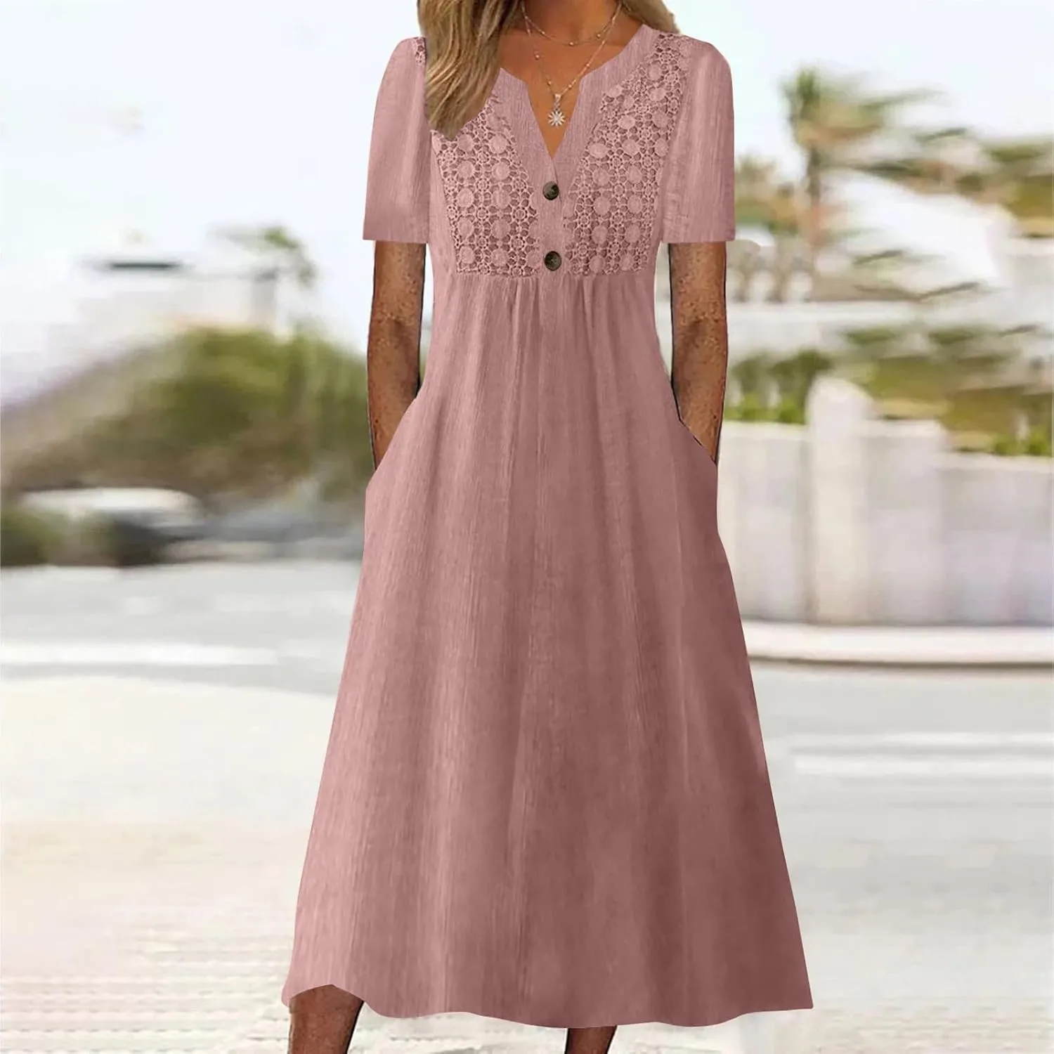 Summer T Shirt Dresses for Women 2024 Trendy V Neck Lace Embroidery Cotton Linen Short Sleeve Flowy Midi Dresses with Pockets