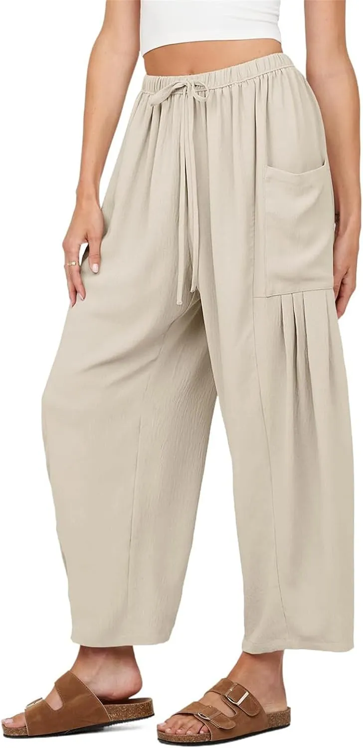 Summer Womens Capri Pants Loose Boho Wide Leg Cropped Pants Casual High Waist Drawstring Palazzo Pant with Pockets