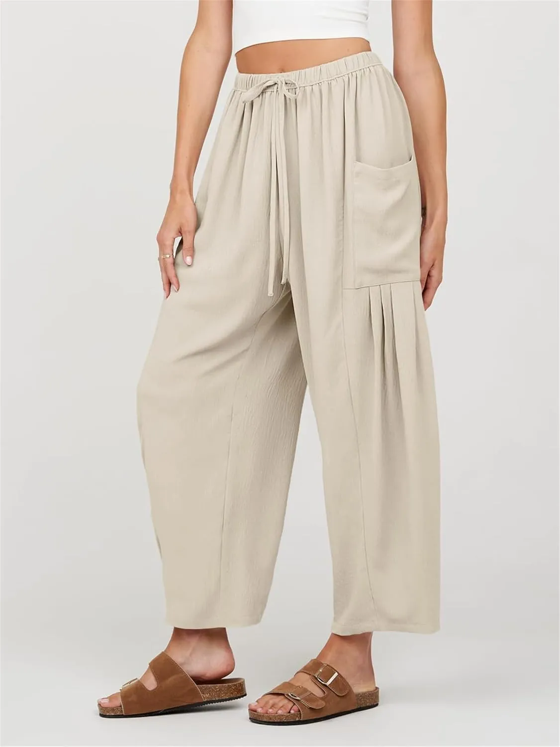 Summer Womens Capri Pants Loose Boho Wide Leg Cropped Pants Casual High Waist Drawstring Palazzo Pant with Pockets