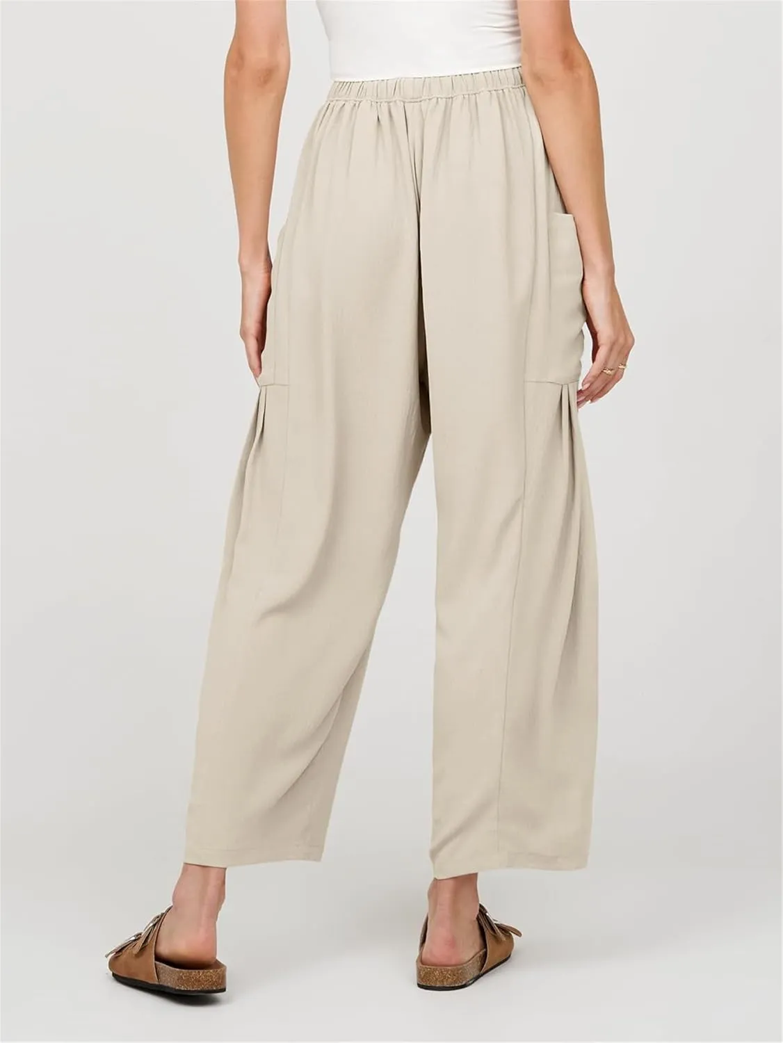 Summer Womens Capri Pants Loose Boho Wide Leg Cropped Pants Casual High Waist Drawstring Palazzo Pant with Pockets