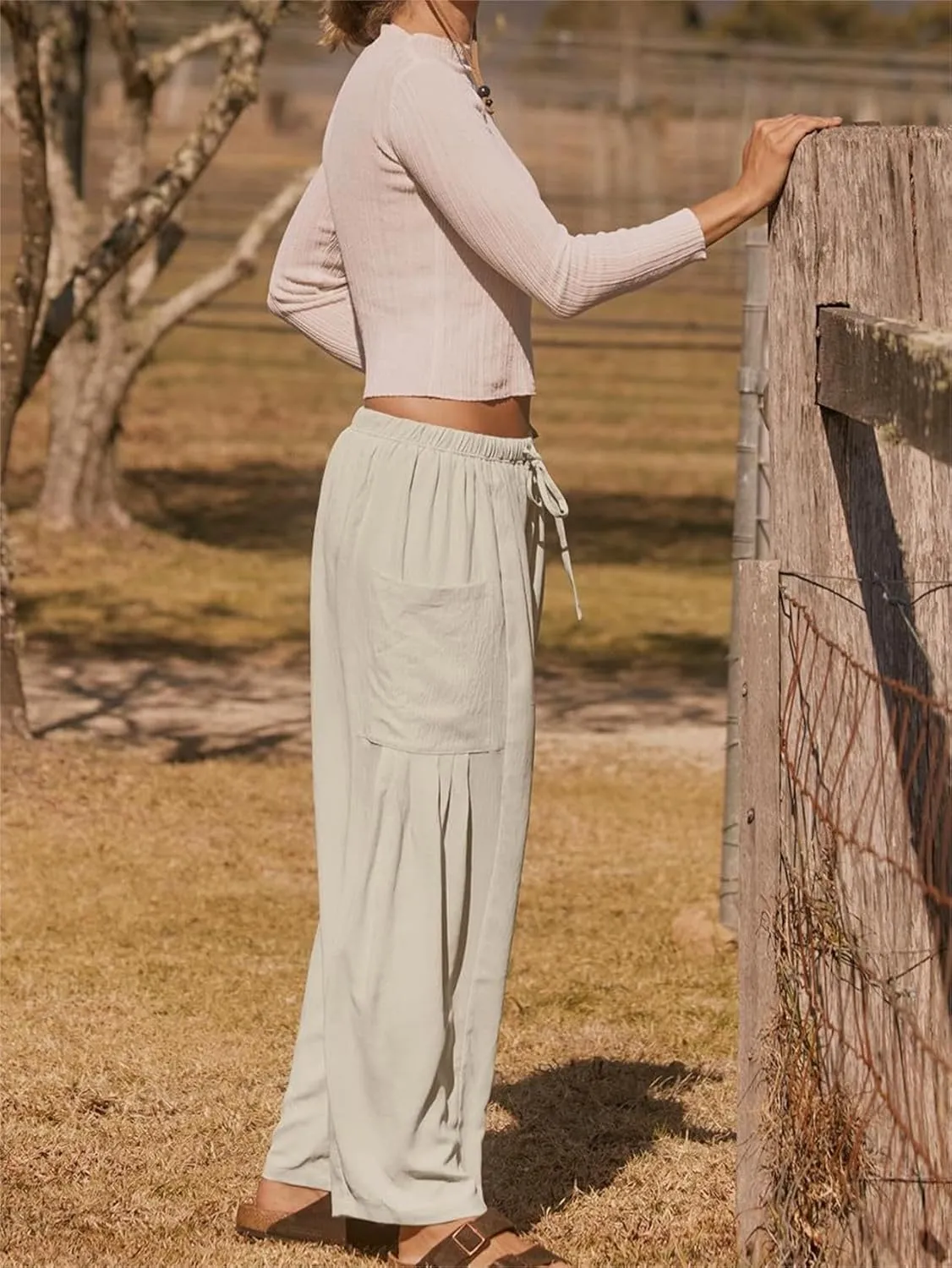 Summer Womens Capri Pants Loose Boho Wide Leg Cropped Pants Casual High Waist Drawstring Palazzo Pant with Pockets