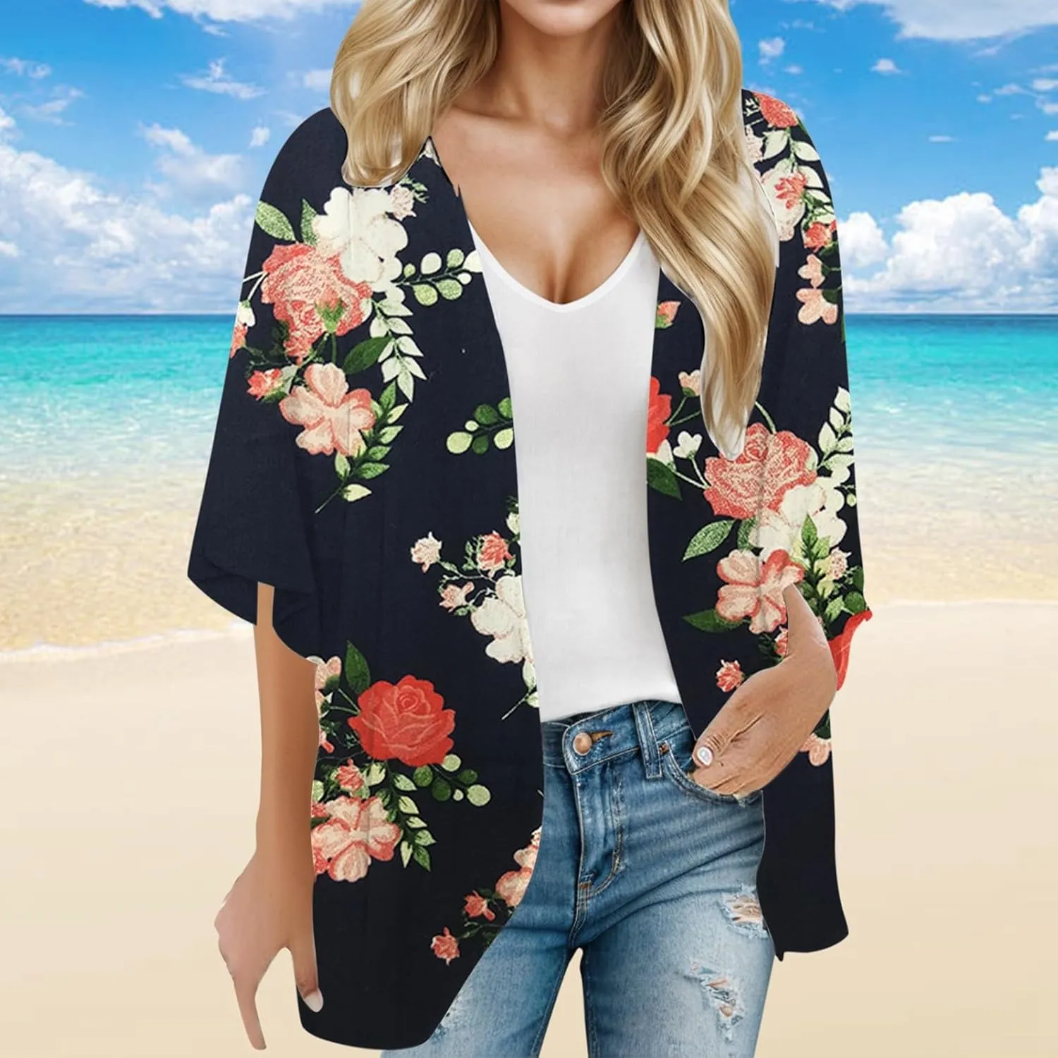 Summer Womens Floral Printed Puff Sleeve Chiffon Kimono Cardigan Loose Cover Up Knitted Cardigan Sweaters for