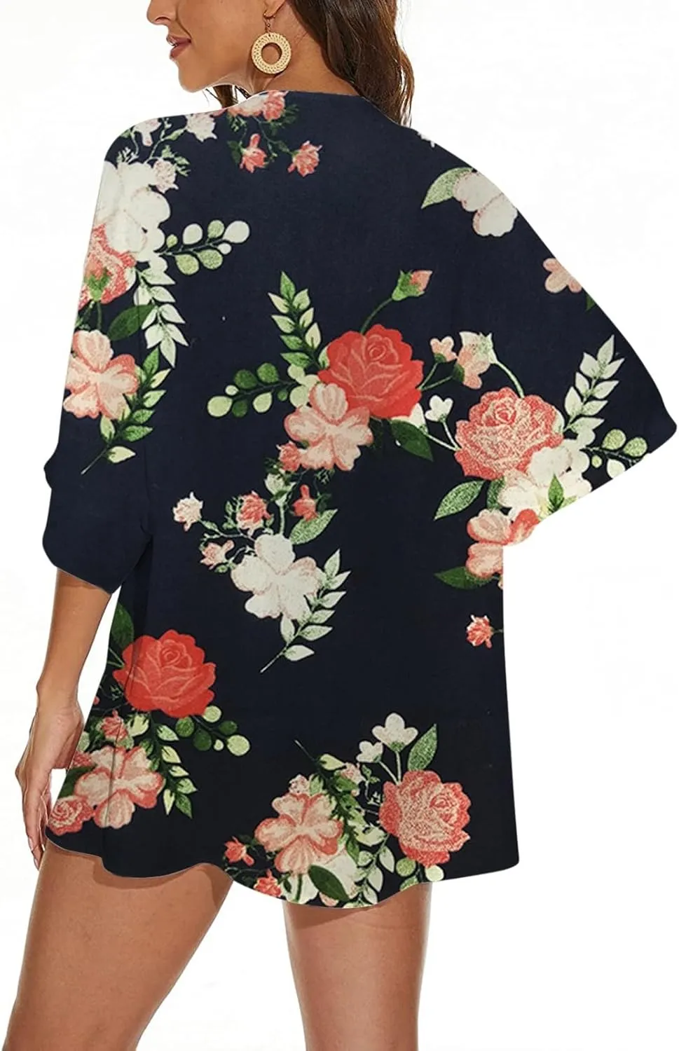 Summer Womens Floral Printed Puff Sleeve Chiffon Kimono Cardigan Loose Cover Up Knitted Cardigan Sweaters for