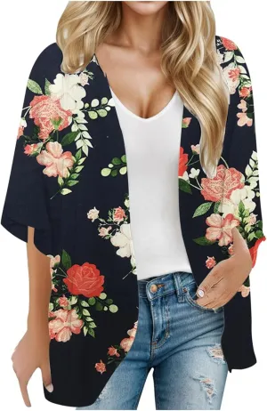 Summer Womens Floral Printed Puff Sleeve Chiffon Kimono Cardigan Loose Cover Up Knitted Cardigan Sweaters for