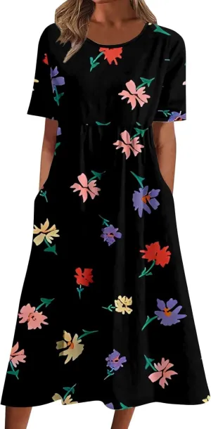 Sundresses for Women Summer Floral Casual Loose Dresses Vintage Bohemian Round Neck Short Sleeve Dress with Pockets