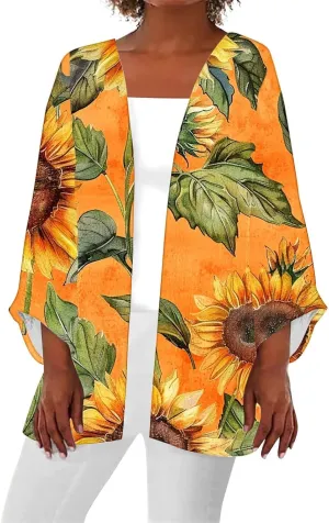 Sunflower Kimono for Women Kimono Cardigans Casual Summer Fall Tops Cover up Open Front Floral Print Resort Wear
