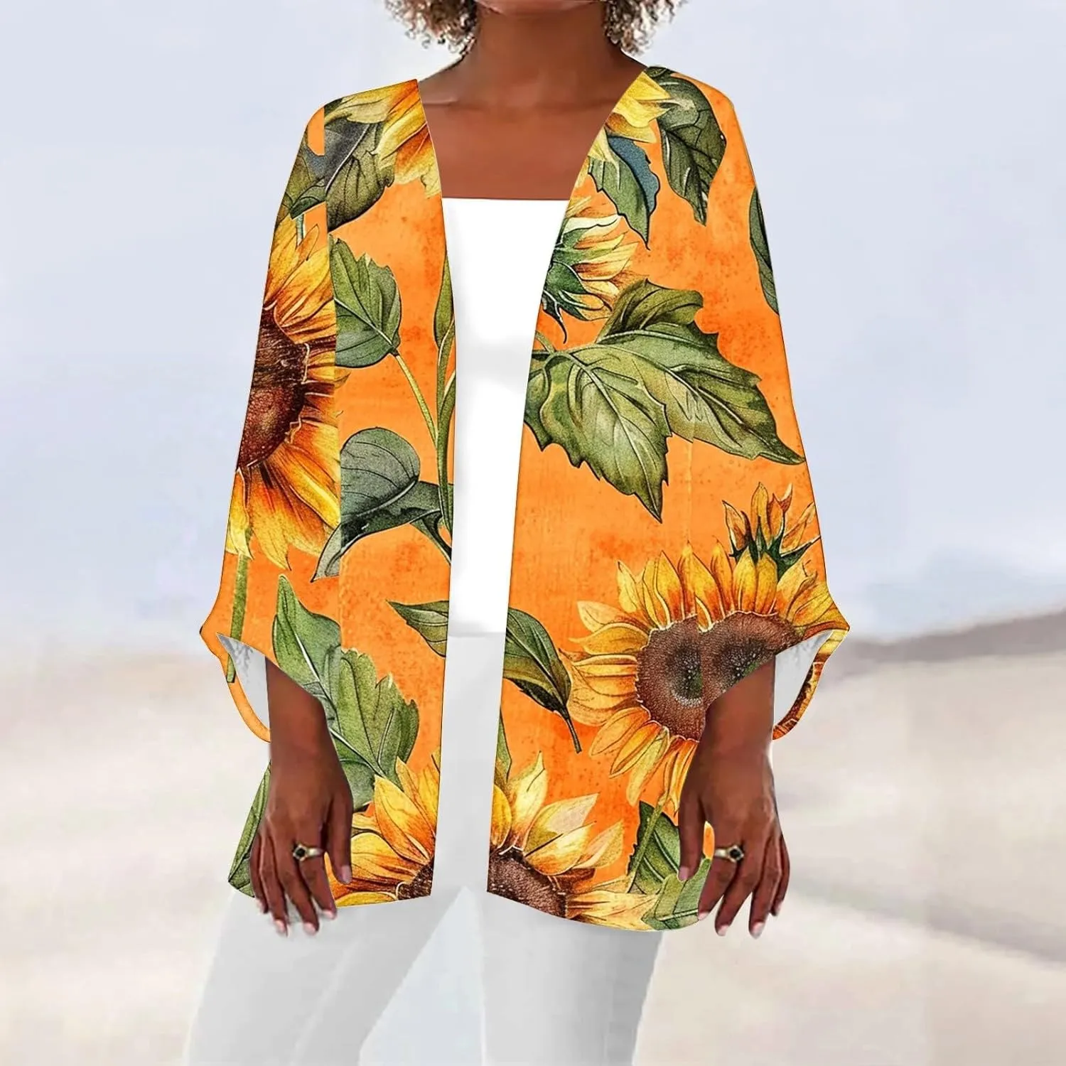 Sunflower Kimono for Women Kimono Cardigans Casual Summer Fall Tops Cover up Open Front Floral Print Resort Wear