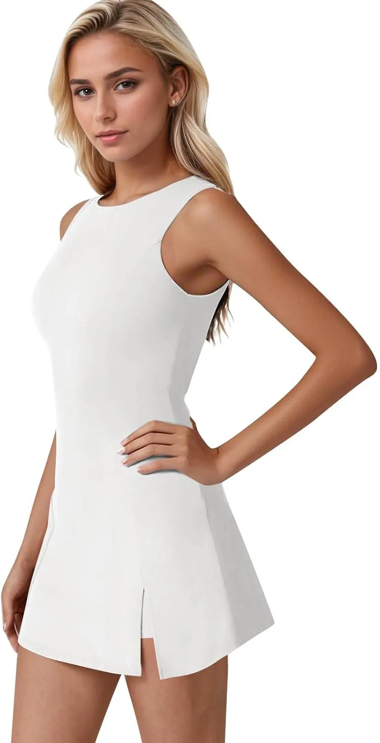 Tennis Dresses for Women with Shorts Athletic Side Slit Golf Dresses Sleeveless Crew Neck Mini Dress with Pockets