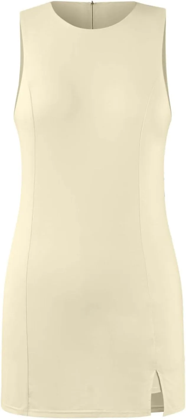 Tennis Dresses for Women with Shorts Athletic Side Slit Golf Dresses Sleeveless Crew Neck Mini Dress with Pockets