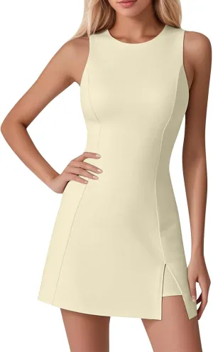 Tennis Dresses for Women with Shorts Athletic Side Slit Golf Dresses Sleeveless Crew Neck Mini Dress with Pockets