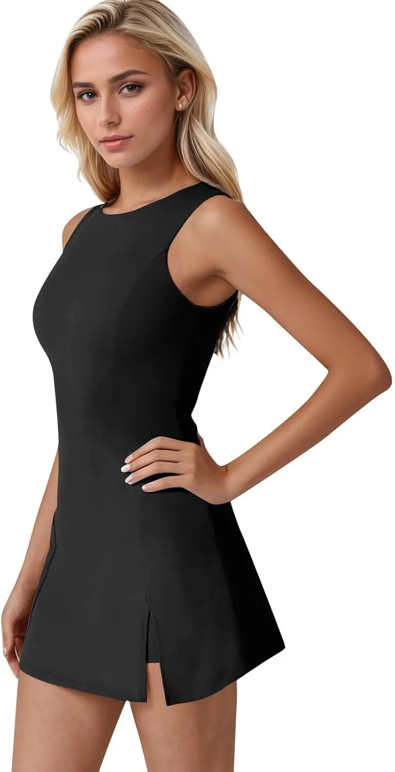 Tennis Dresses for Women with Shorts Athletic Side Slit Golf Dresses Sleeveless Crew Neck Mini Dress with Pockets