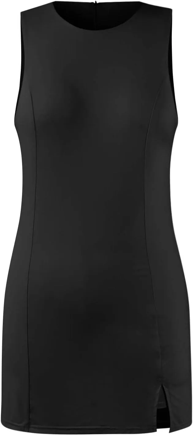 Tennis Dresses for Women with Shorts Athletic Side Slit Golf Dresses Sleeveless Crew Neck Mini Dress with Pockets