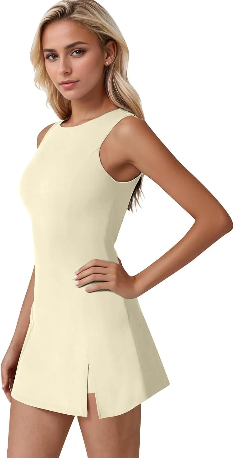 Tennis Dresses for Women with Shorts Athletic Side Slit Golf Dresses Sleeveless Crew Neck Mini Dress with Pockets