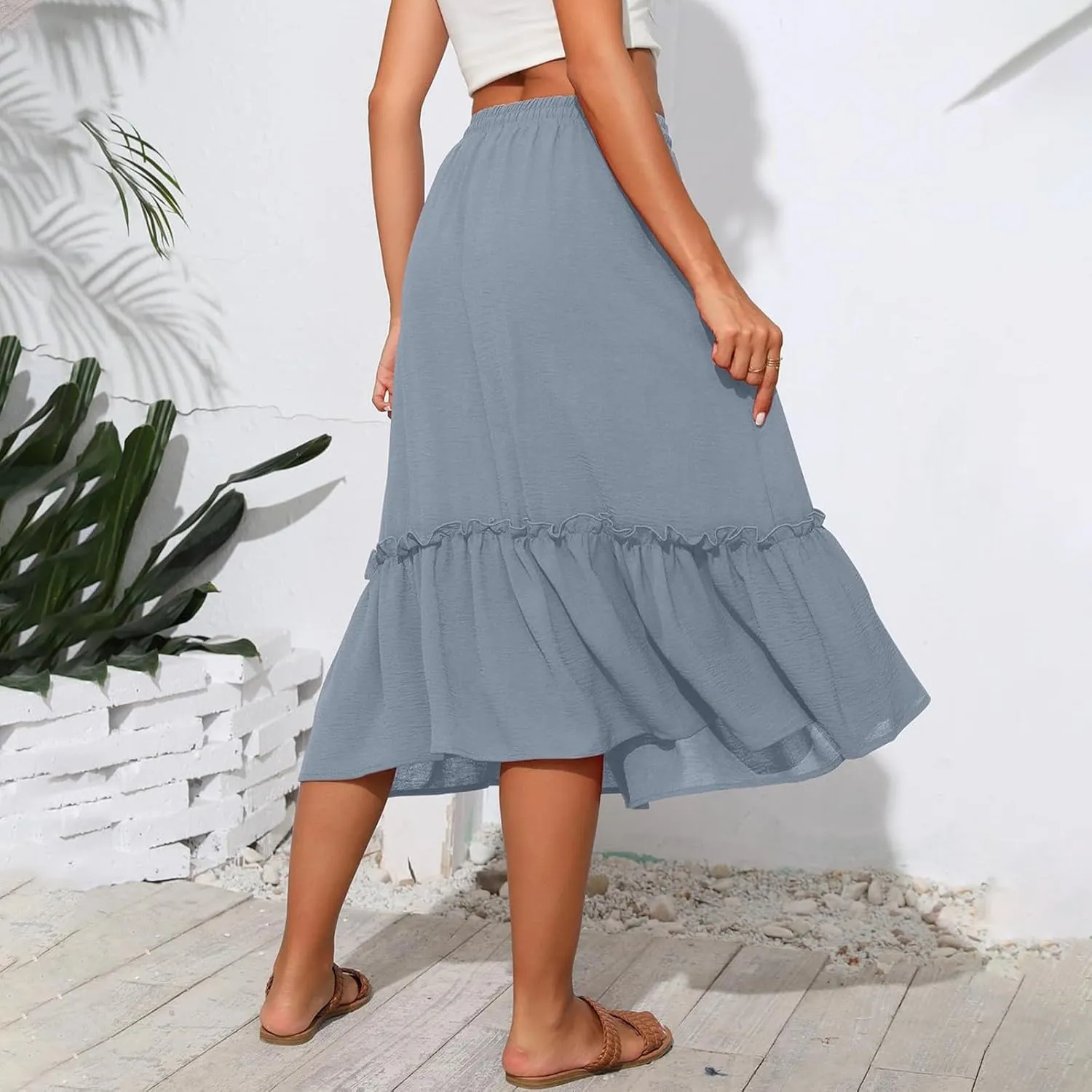 Tiered Midi Skirts for Women Flowy High Waisted Drawstring A Line Skirt with Pockets Summer Casual Cover Up Skirt