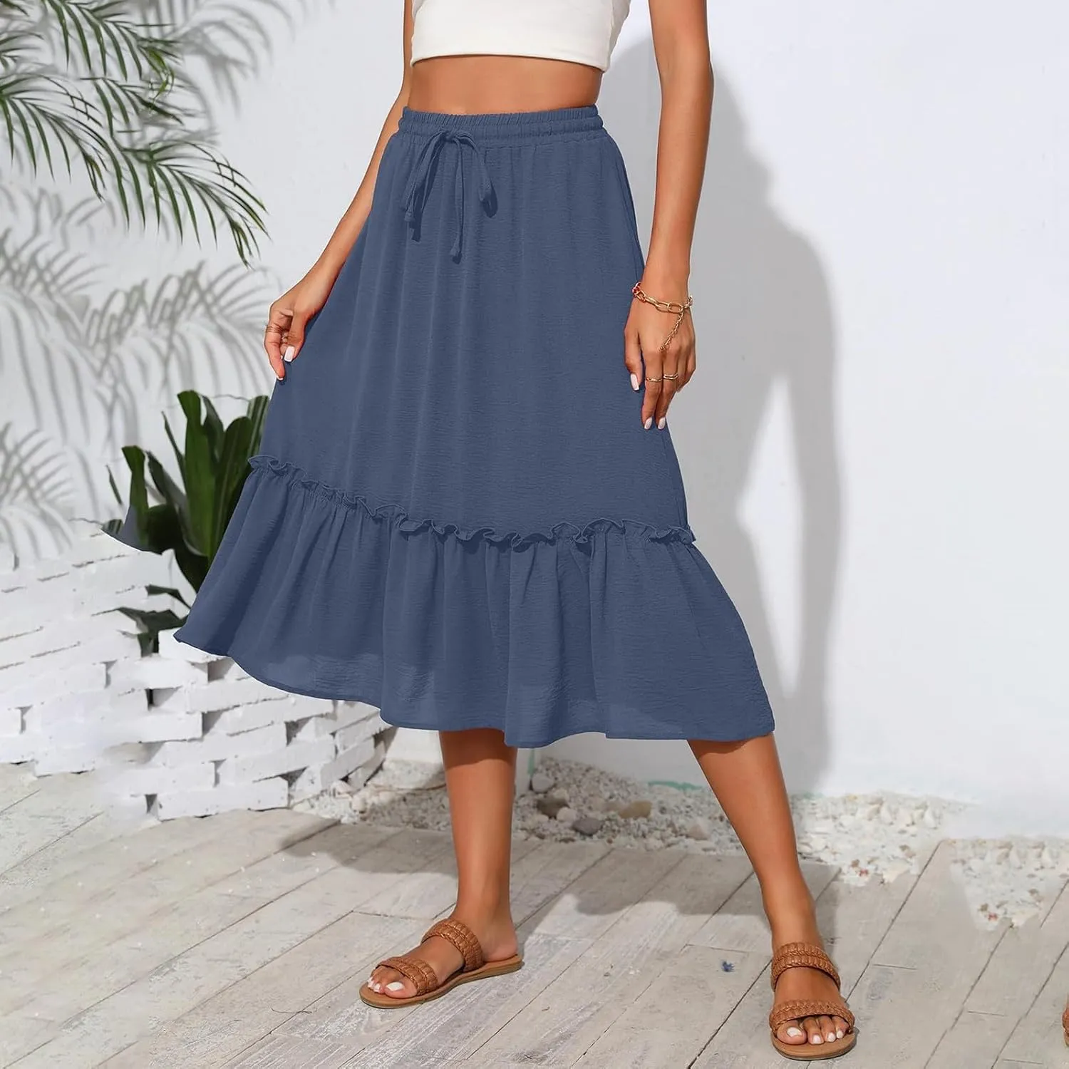 Tiered Midi Skirts for Women Flowy High Waisted Drawstring A Line Skirt with Pockets Summer Casual Cover Up Skirt