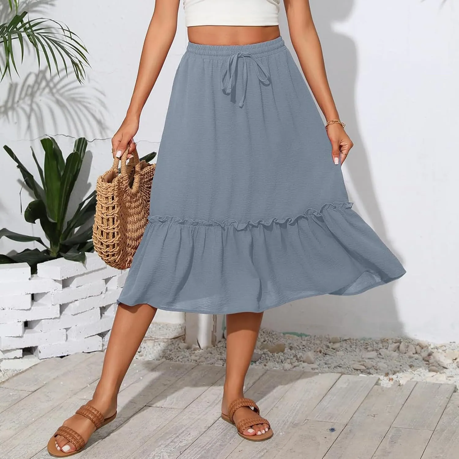Tiered Midi Skirts for Women Flowy High Waisted Drawstring A Line Skirt with Pockets Summer Casual Cover Up Skirt