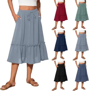 Tiered Midi Skirts for Women Flowy High Waisted Drawstring A Line Skirt with Pockets Summer Casual Cover Up Skirt