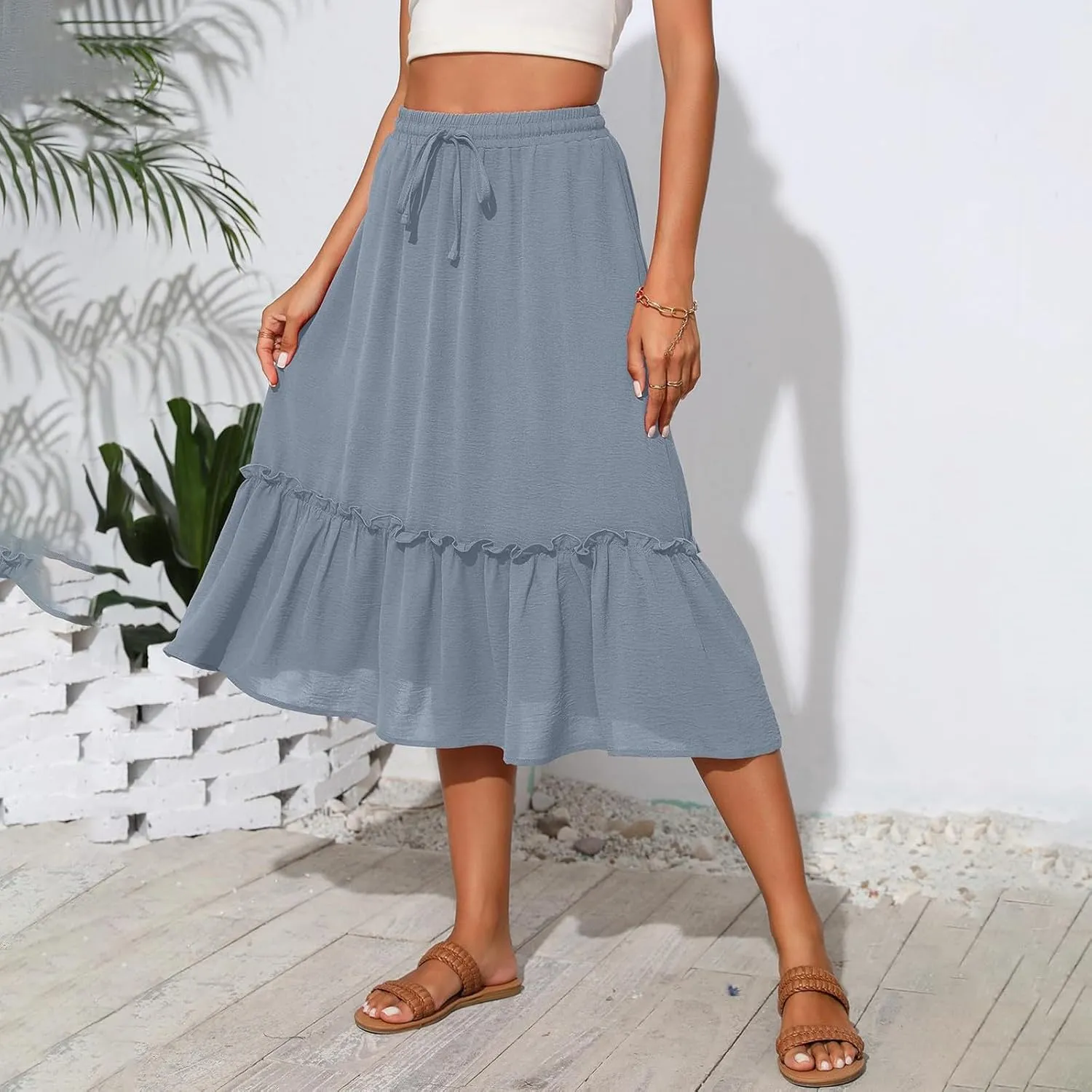 Tiered Midi Skirts for Women Flowy High Waisted Drawstring A Line Skirt with Pockets Summer Casual Cover Up Skirt