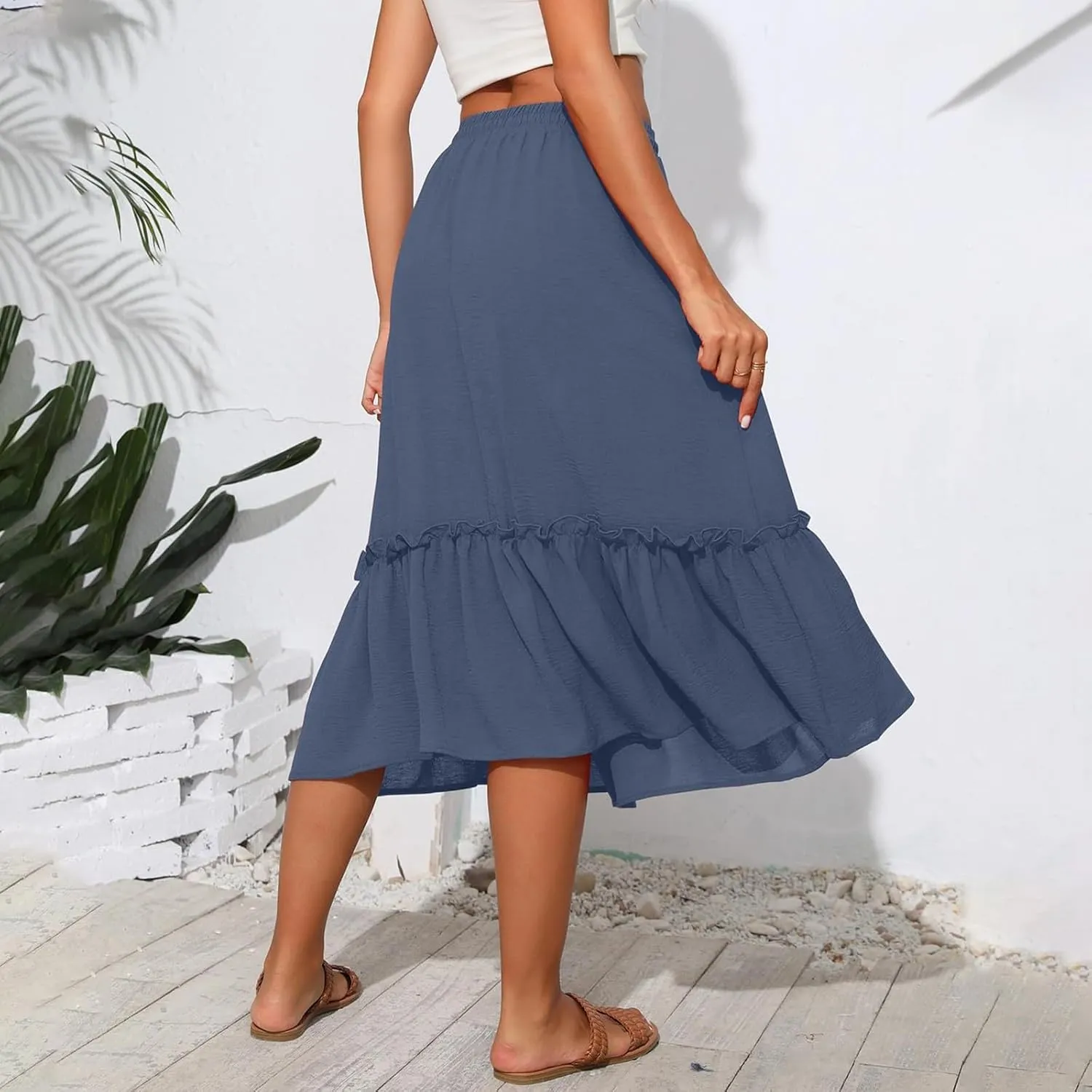 Tiered Midi Skirts for Women Flowy High Waisted Drawstring A Line Skirt with Pockets Summer Casual Cover Up Skirt