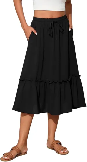 Tiered Midi Skirts for Women Flowy High Waisted Drawstring A Line Skirt with Pockets Summer Casual Cover Up Skirt