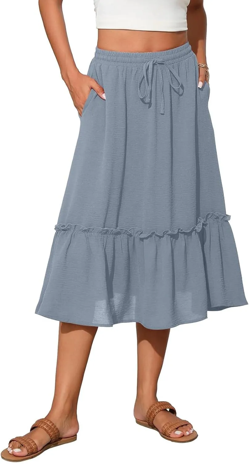 Tiered Midi Skirts for Women Flowy High Waisted Drawstring A Line Skirt with Pockets Summer Casual Cover Up Skirt