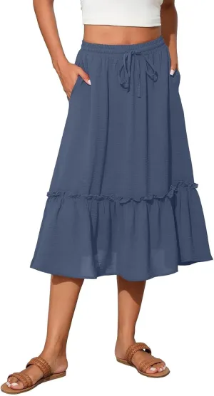 Tiered Midi Skirts for Women Flowy High Waisted Drawstring A Line Skirt with Pockets Summer Casual Cover Up Skirt