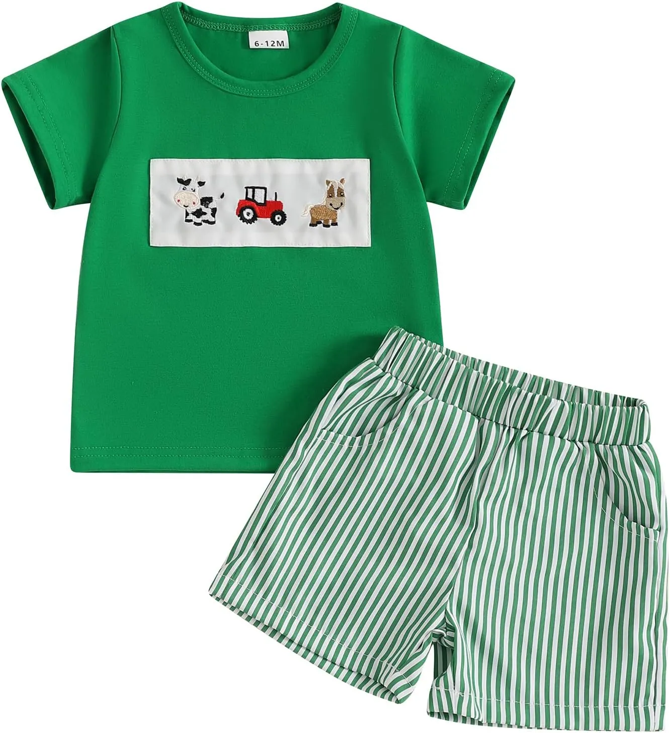 Toddler Boy Summer Clothes Animal Embroidery Smocked Short Sleeve T-Shirt   Casual Shorts
