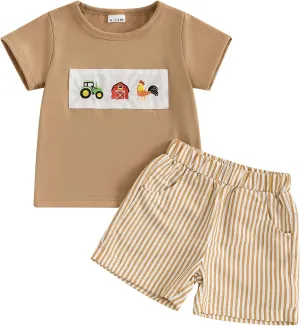 Toddler Boy Summer Clothes Animal Embroidery Smocked Short Sleeve T-Shirt   Casual Shorts