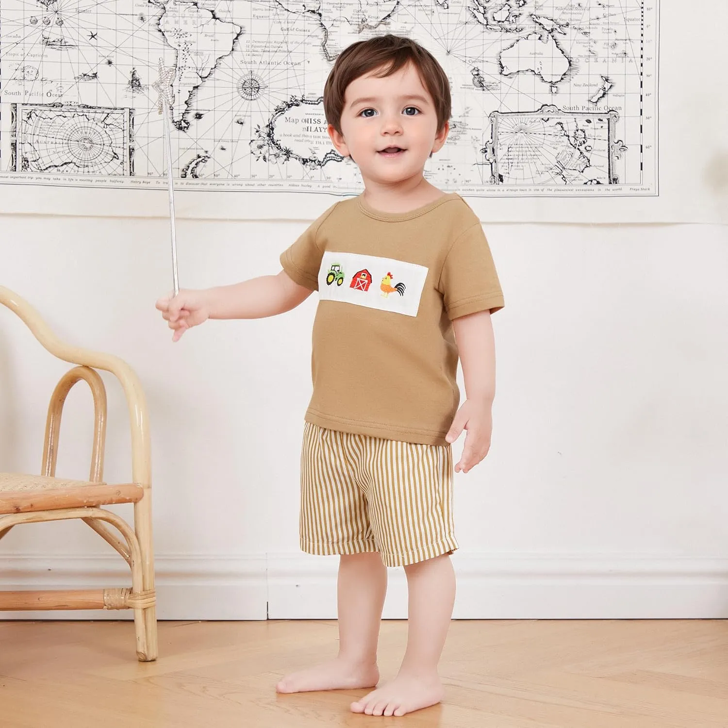 Toddler Boy Summer Clothes Animal Embroidery Smocked Short Sleeve T-Shirt   Casual Shorts