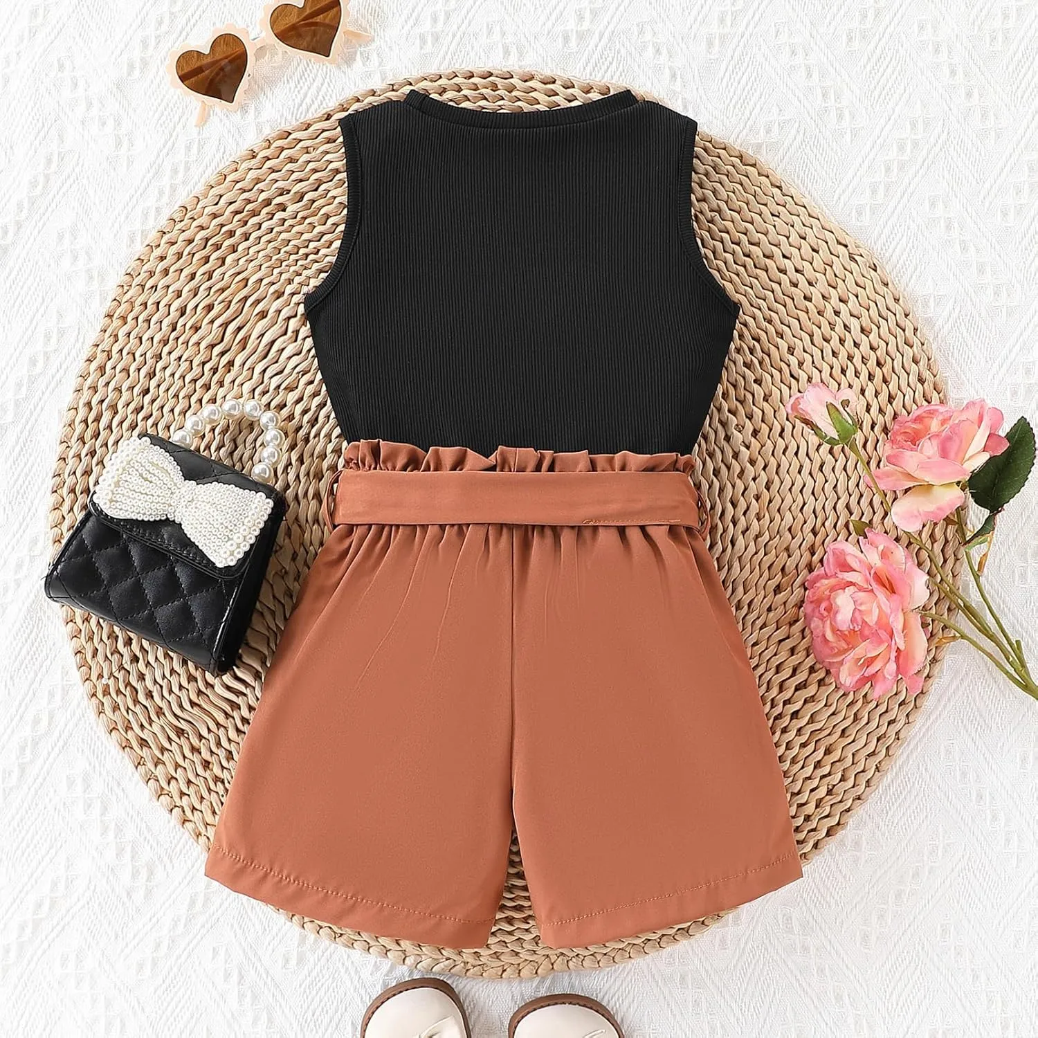 Toddler Girl Summer 2-Piece Solid Color Vest   Casual Shorts Set